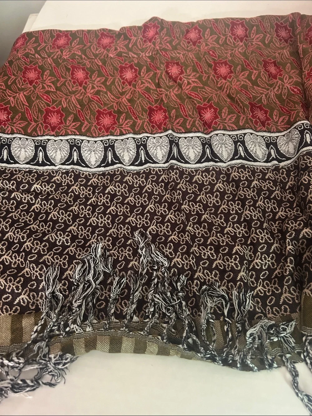 Patterned Woven Scarf in Brown, Olive & Red 22x68 100% Cashmere